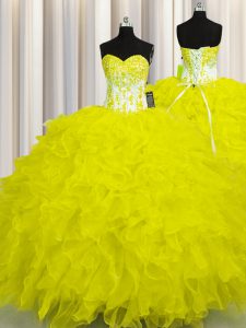 Superior Floor Length Lace Up Quinceanera Gown Yellow for Military Ball and Sweet 16 and Quinceanera with Appliques and Ruffles