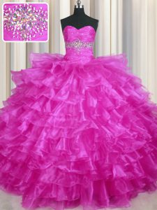 Organza Sweetheart Sleeveless Lace Up Beading and Ruffled Layers 15 Quinceanera Dress in Fuchsia