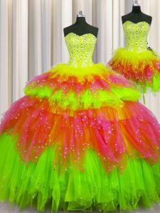 Three Piece Visible Boning Multi-color Sleeveless Tulle Lace Up Sweet 16 Quinceanera Dress for Military Ball and Sweet 16 and Quinceanera