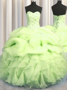 Custom Design Pick Ups Visible Boning Ball Gowns Sweet 16 Dresses Yellow Green Sweetheart Organza Sleeveless Floor Length Lace Up