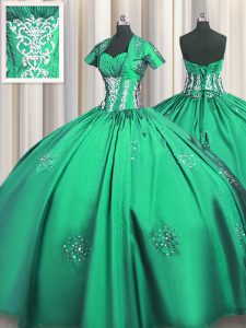 Sophisticated Floor Length Turquoise Quinceanera Gown Sweetheart Short Sleeves Lace Up