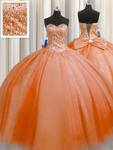 Puffy Skirt Orange Red Party Dress for Toddlers Military Ball and Sweet 16 and Quinceanera and For with Beading Sweetheart Sleeveless Lace Up