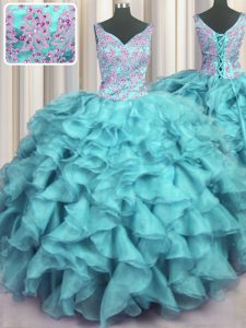 High Class Ruffled V Neck Sleeveless Lace Up Floor Length Appliques and Ruffles Quinceanera Dress