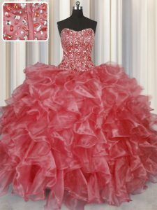 Visible Boning Coral Red Strapless Lace Up Beading and Ruffles 15th Birthday Dress Sleeveless