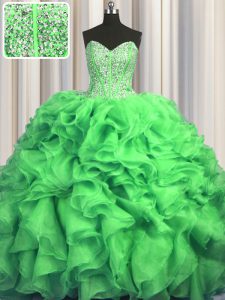 Free and Easy Visible Boning Bling-bling Sleeveless With Train Beading and Ruffles Lace Up Sweet 16 Quinceanera Dress