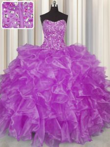 Smart Visible Boning Purple Sweet 16 Quinceanera Dress Military Ball and Sweet 16 and Quinceanera and For with Beading and Ruffles Strapless Sleeveless Lace Up