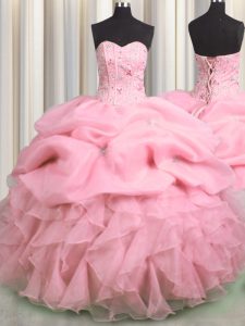 Visible Boning Sweetheart Sleeveless Sweet 16 Quinceanera Dress Floor Length Beading and Ruffles and Pick Ups Rose Pink Organza