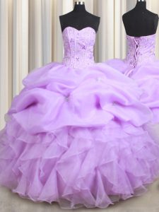 Hot Selling Visible Boning Sleeveless Floor Length Beading and Ruffles and Pick Ups Lace Up Quinceanera Gowns with Lilac