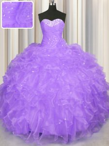 Exquisite Beading and Ruffles Party Dress for Girls Lavender Lace Up Sleeveless Floor Length