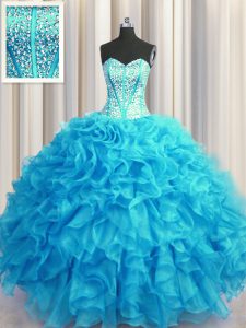 Visible Boning Bling-bling Floor Length Baby Blue Quinceanera Dress Organza Sleeveless Beading and Ruffles