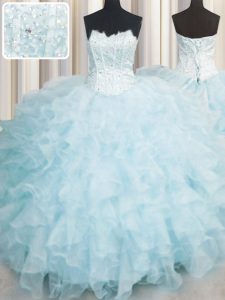 Scalloped Baby Blue Sleeveless Organza Lace Up Ball Gown Prom Dress for Military Ball and Sweet 16 and Quinceanera