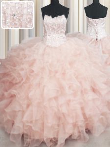 Visible Boning Scalloped Organza Sleeveless Floor Length Quinceanera Court of Honor Dress and Beading and Ruffles