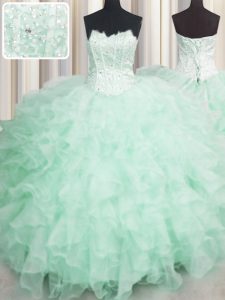Fashionable Visible Boning Apple Green Scalloped Neckline Beading and Ruffles Juniors Party Dress Sleeveless Lace Up