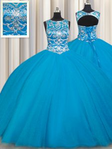 Teal Ball Gowns Scoop Sleeveless Tulle Floor Length Lace Up Beading Sweet 16 Dresses