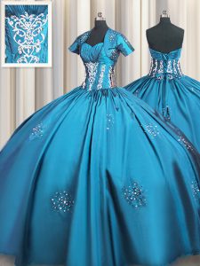 Taffeta Sweetheart Short Sleeves Lace Up Beading and Appliques and Ruching Quinceanera Dress in Teal