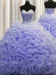 Latest Sweetheart Sleeveless Fabric With Rolling Flowers Quinceanera Dresses Beading and Pick Ups Brush Train Lace Up