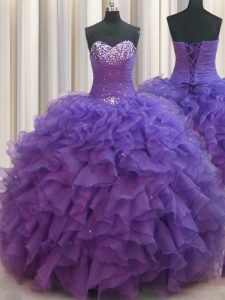 Beaded Bust Floor Length Ball Gowns Sleeveless Purple Vestidos de Quinceanera Lace Up