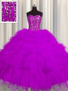 Visible Boning Floor Length Lace Up Quinceanera Gown Fuchsia for Military Ball and Sweet 16 and Quinceanera with Beading and Ruffles and Sequins