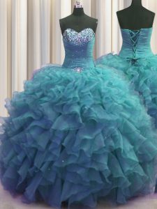 Cheap Beaded Bust Teal Lace Up Quinceanera Dresses Beading and Ruffles Sleeveless Floor Length