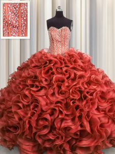 Visible Boning Rust Red Lace Up 15 Quinceanera Dress Beading and Ruffles Sleeveless Floor Length