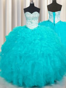 Sweetheart Sleeveless Party Dresses Floor Length Beading and Ruffles Aqua Blue Tulle
