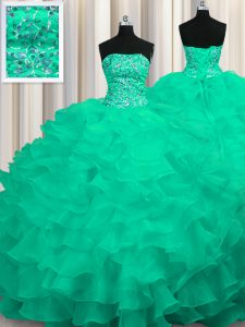 Simple Turquoise Sleeveless Organza Sweep Train Lace Up Sweet 16 Quinceanera Dress for Military Ball and Sweet 16 and Quinceanera
