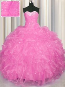 High Class Rose Pink Lace Up Sweetheart Beading and Ruffles Quinceanera Gowns Organza Sleeveless