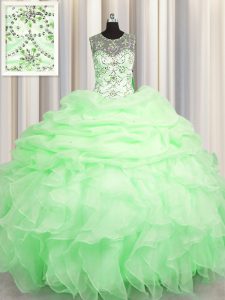 See Through Ball Gowns Scoop Sleeveless Organza Floor Length Lace Up Beading and Ruffles and Pick Ups 15 Quinceanera Dress