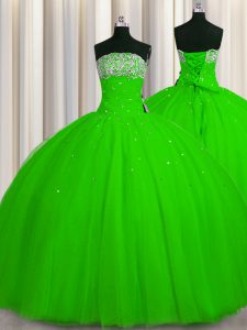 Vintage Big Puffy Ball Gowns Strapless Sleeveless Tulle Floor Length Lace Up Beading and Sequins Juniors Party Dress