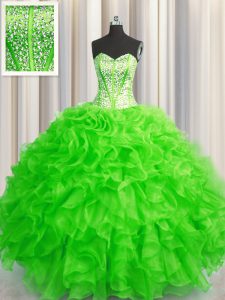 Visible Boning Beaded Bodice Floor Length Lace Up Quinceanera Dresses for Military Ball and Sweet 16 and Quinceanera with Beading and Ruffles
