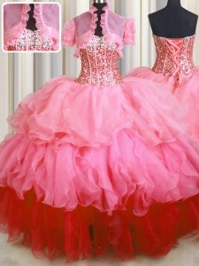 Luxury Visible Boning Bling-bling Rose Pink Sleeveless Beading and Ruffled Layers Floor Length Quinceanera Dress
