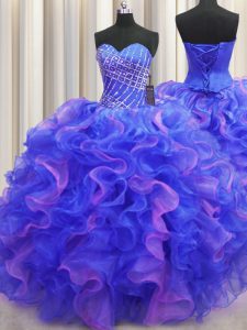 Sweetheart Sleeveless Sweet 16 Dress Floor Length Beading and Ruffles Multi-color Organza