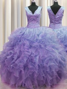 Zipper Up Lavender Ball Gowns V-neck Sleeveless Organza Floor Length Zipper Ruffles Quinceanera Gowns