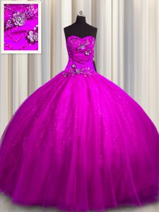 Extravagant Sequined Floor Length Lace Up 15th Birthday Dress Fuchsia for Military Ball and Sweet 16 and Quinceanera with Beading and Appliques