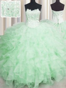 New Style Scalloped Visible Boning Apple Green Organza Lace Up Quinceanera Dress Sleeveless Floor Length Beading and Ruffles