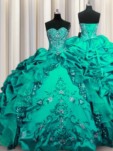 Sequins Dark Green Lace Up Sweet 16 Quinceanera Dress Beading and Embroidery and Ruffles and Pick Ups Sleeveless Floor Length