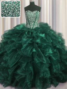 Decent Visible Boning Bling-bling Turquoise Organza Lace Up Sweet 16 Dress Sleeveless With Brush Train Beading and Ruffles