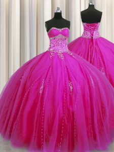 Really Puffy Tulle Sweetheart Sleeveless Lace Up Beading and Appliques 15th Birthday Dress in Fuchsia