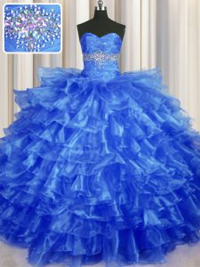 Elegant Beading and Ruffled Layers 15th Birthday Dress Royal Blue Lace Up Sleeveless Floor Length