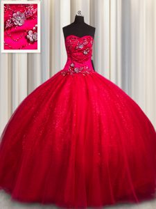 Sequined Beading and Appliques Quinceanera Dresses Red Lace Up Sleeveless Floor Length