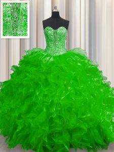 See Through Lace Up 15 Quinceanera Dress Beading and Ruffles Sleeveless Floor Length