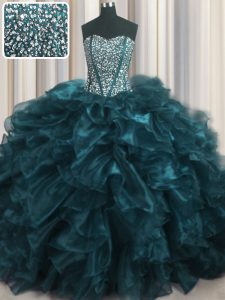 Visible Boning Bling-bling Organza Sweetheart Sleeveless Brush Train Lace Up Beading and Ruffles Quinceanera Gowns in Teal