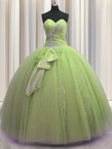 Extravagant Beading and Sequins and Bowknot Sweet 16 Dresses Yellow Green Lace Up Sleeveless Floor Length