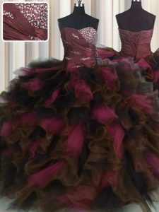 Luxurious Wine Red Organza and Tulle Lace Up Sweetheart Sleeveless Floor Length 15 Quinceanera Dress Beading and Ruffles and Ruffled Layers