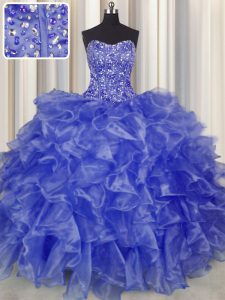 Romantic Visible Boning Blue Party Dress for Toddlers Military Ball and Sweet 16 and Quinceanera and For with Beading and Ruffles Strapless Sleeveless Lace Up