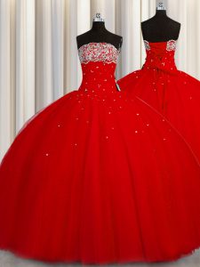 Romantic Puffy Skirt Red Lace Up Strapless Beading and Sequins Quince Ball Gowns Organza Sleeveless