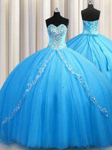 Flare Sweetheart Sleeveless Brush Train Lace Up Quince Ball Gowns Baby Blue Tulle