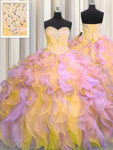 Smart Sweetheart Sleeveless Quinceanera Gowns Floor Length Beading and Appliques and Ruffles Multi-color Organza