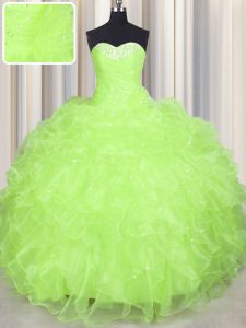 Free and Easy Yellow Green Lace Up Sweetheart Beading and Ruffles Quince Ball Gowns Organza Sleeveless