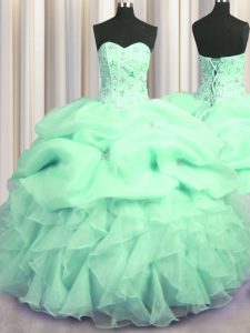 Visible Boning Apple Green Organza Lace Up Quinceanera Dresses Sleeveless Floor Length Beading and Ruffles